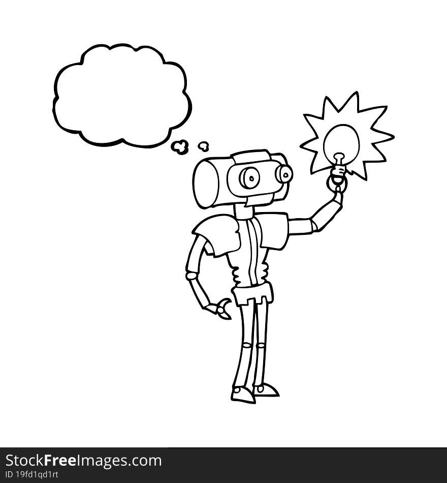 freehand drawn thought bubble cartoon robot with light bulb