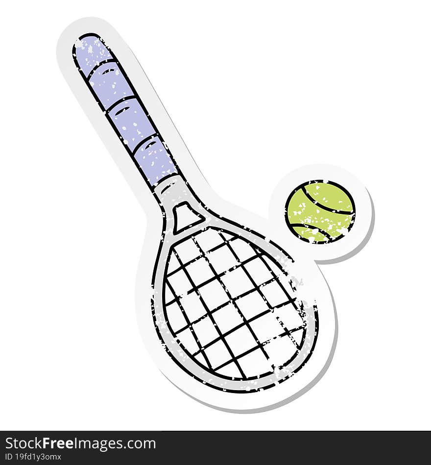 hand drawn distressed sticker cartoon doodle tennis racket and ball