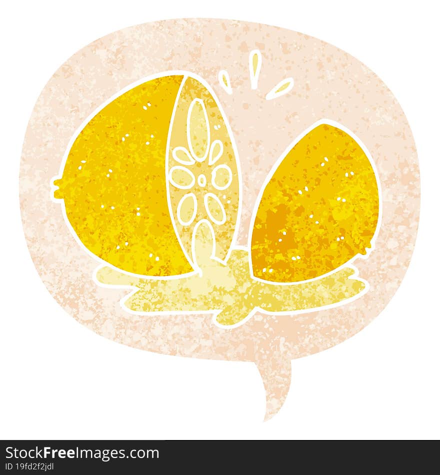 cartoon cut lemon and speech bubble in retro textured style