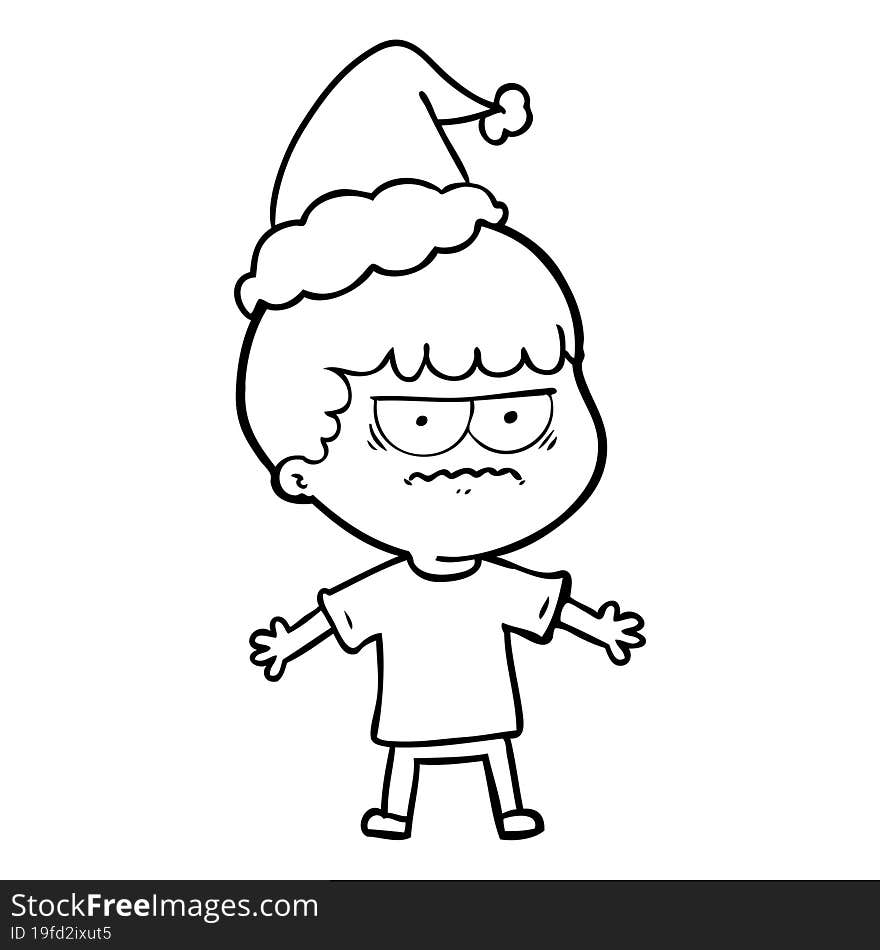 line drawing of a angry man wearing santa hat