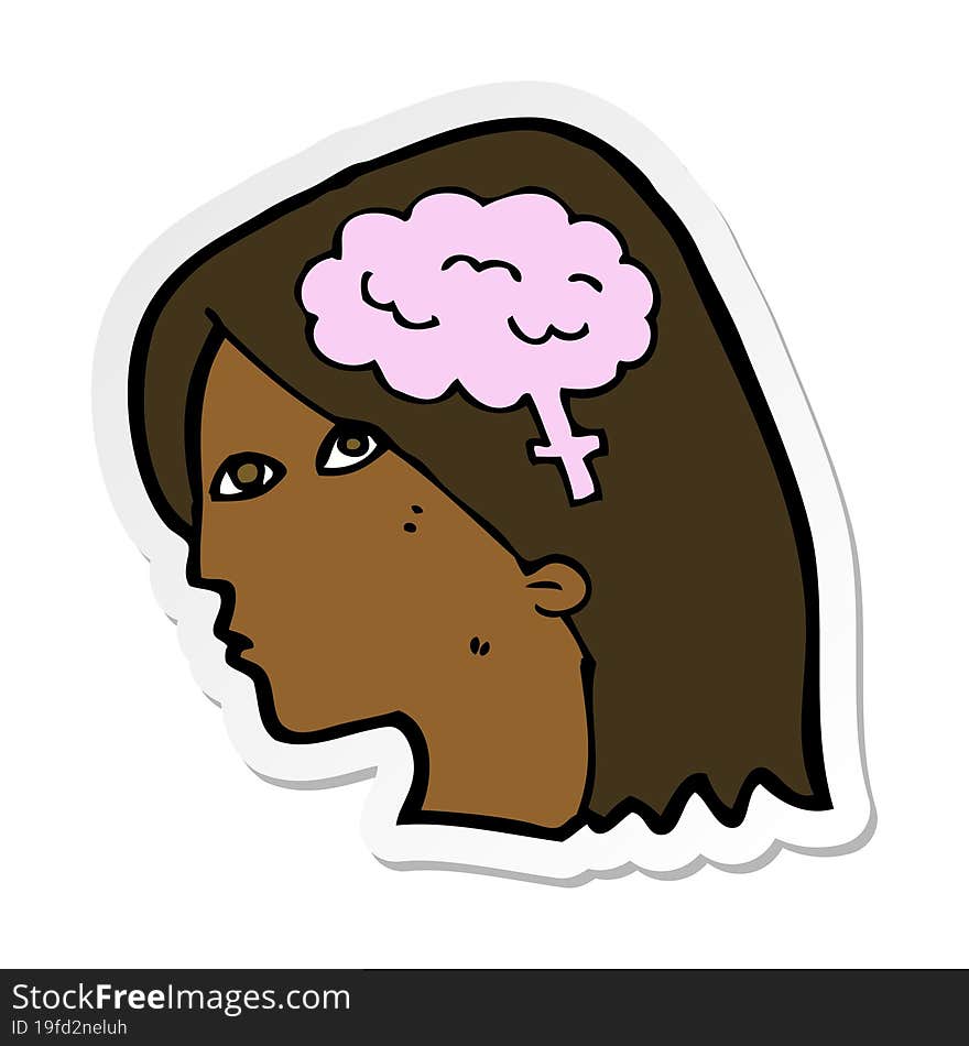 sticker of a cartoon female head with brain symbol