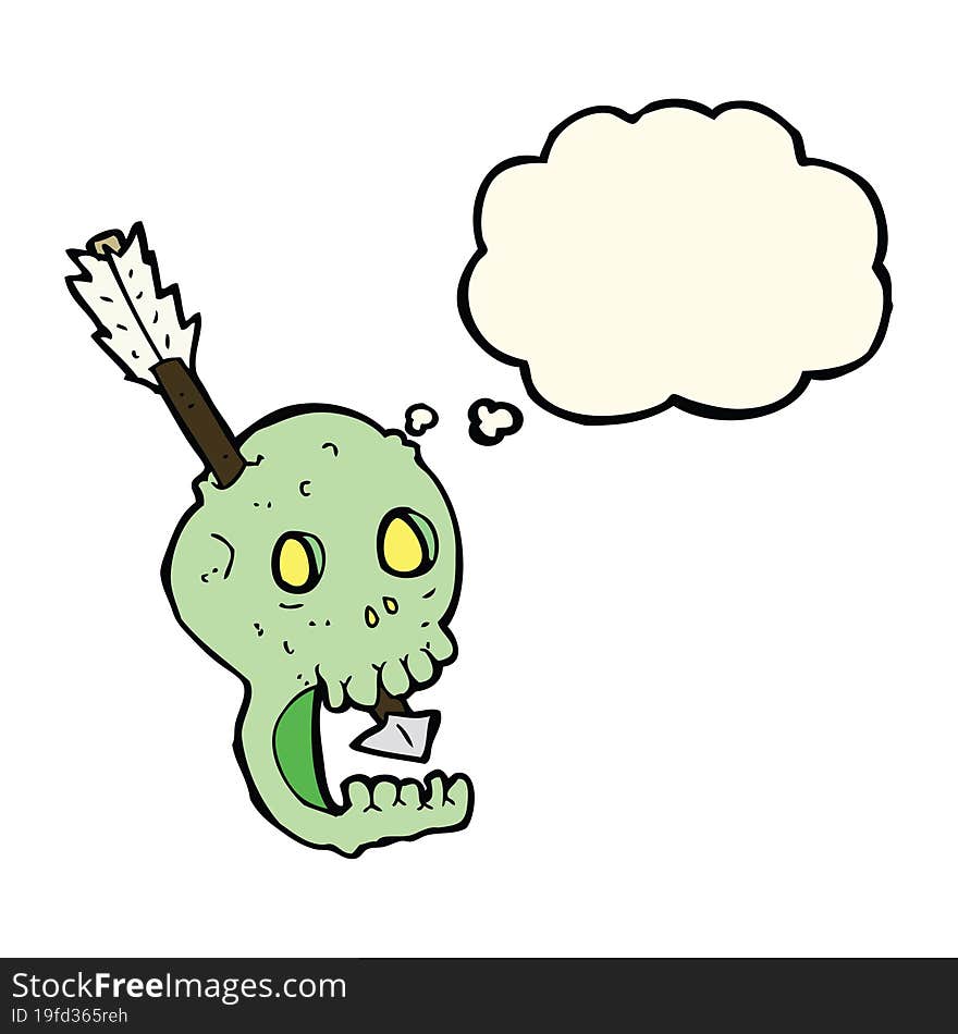 funny cartoon skull and arrow with thought bubble