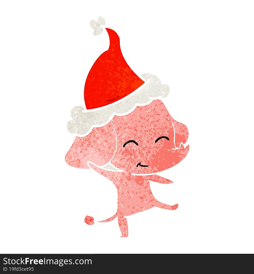 cute retro cartoon of a elephant dancing wearing santa hat