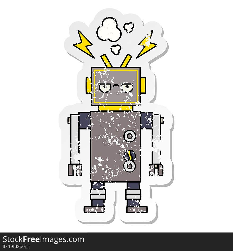 Distressed Sticker Of A Cute Cartoon Malfunctioning Robot