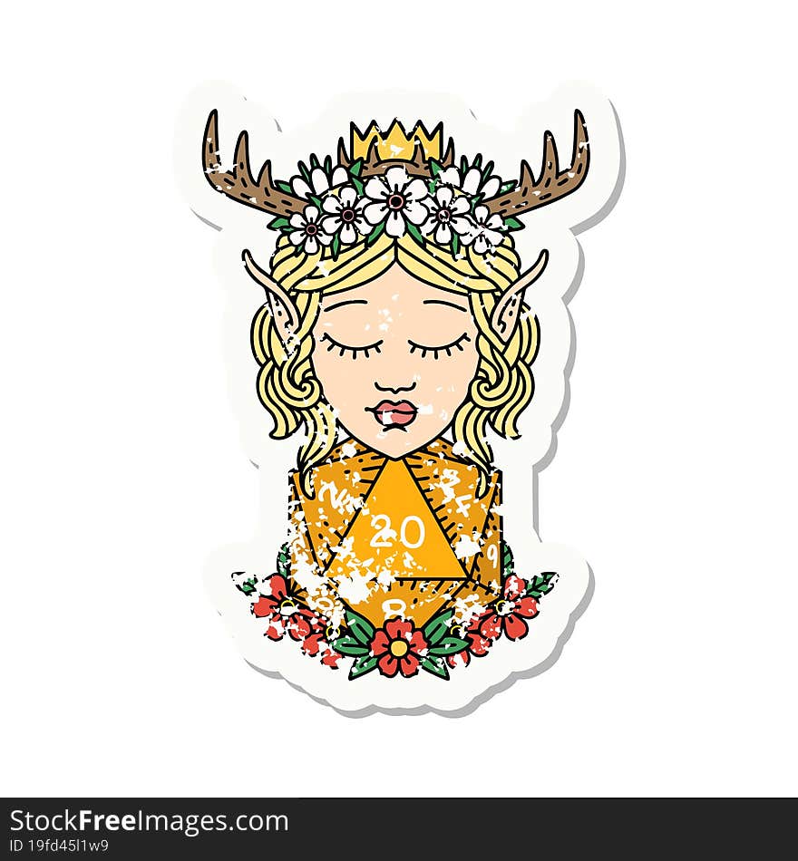 elf druid character with nautral twenty dice roll grunge sticker