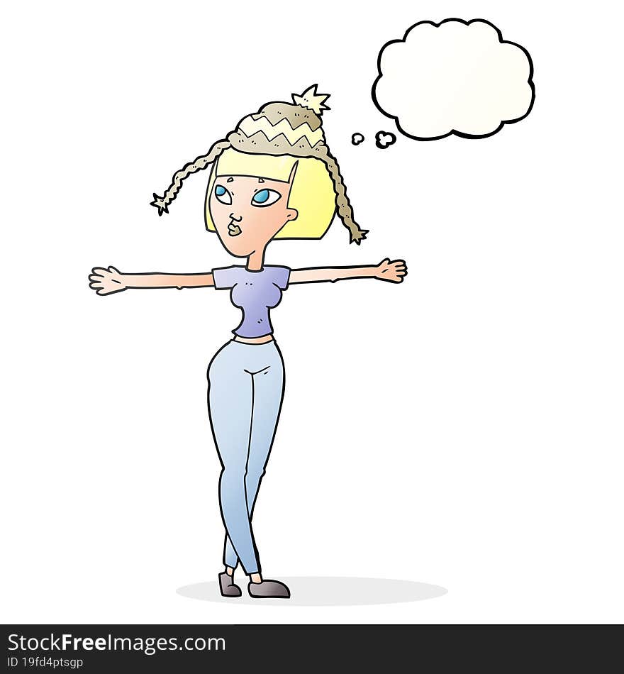 thought bubble cartoon woman wearing hat