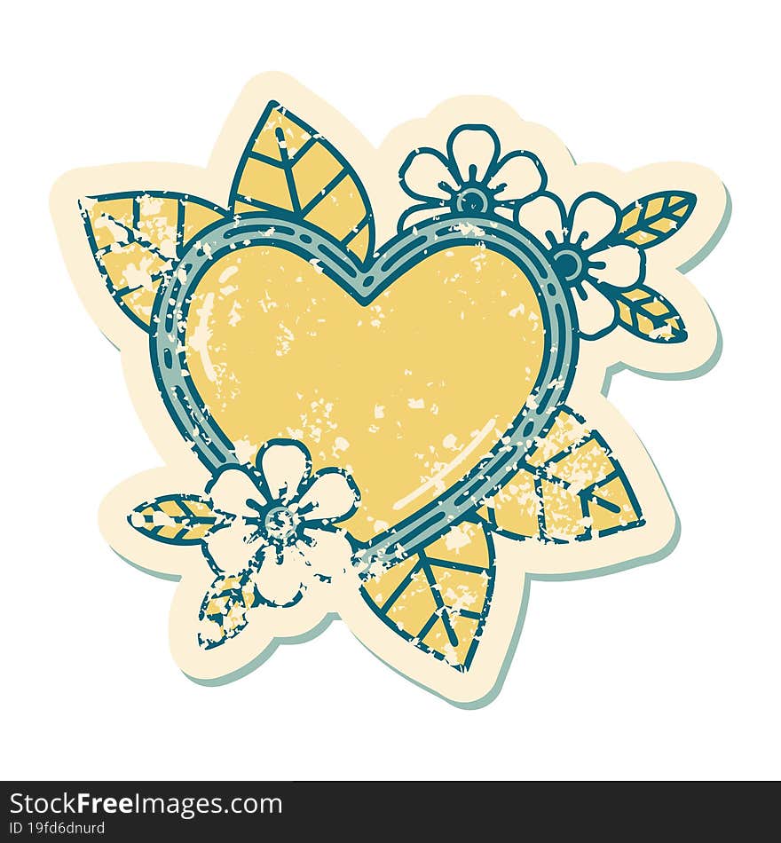 distressed sticker tattoo style icon of a botanical heart