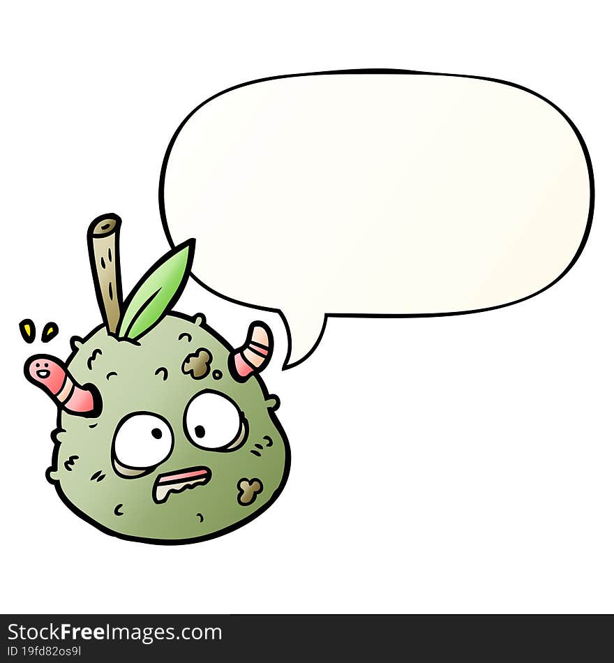 Cartoon Rotting Old Pear And Worm And Speech Bubble In Smooth Gradient Style