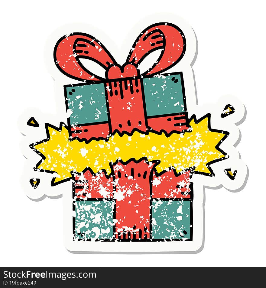 Traditional Distressed Sticker Tattoo Of A Present