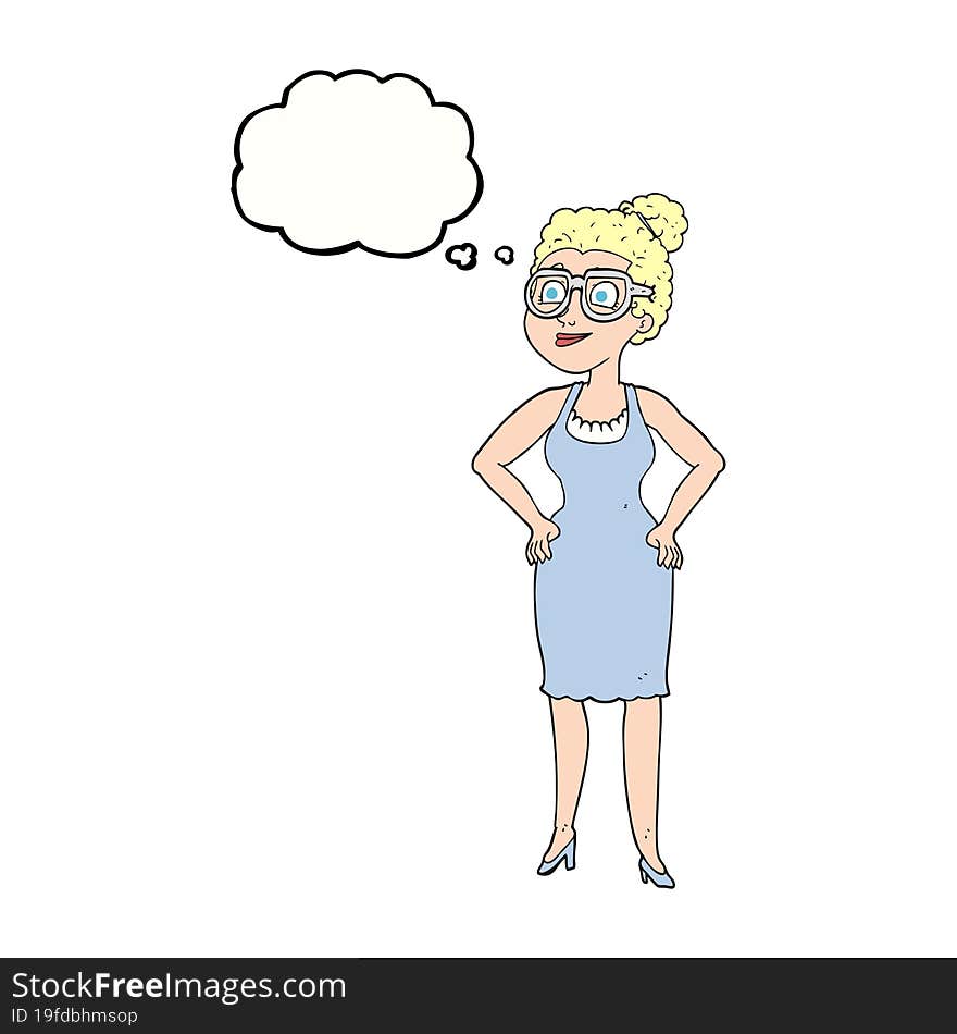 thought bubble cartoon woman wearing glasses