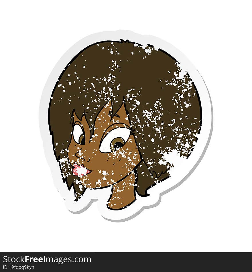 Retro Distressed Sticker Of A Cartoon Pretty Female Face Pouting