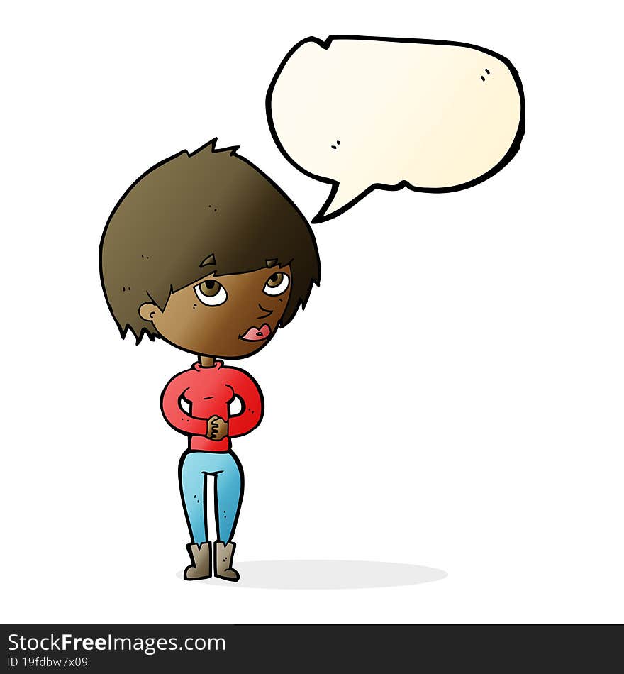 cartoon woman considering with speech bubble