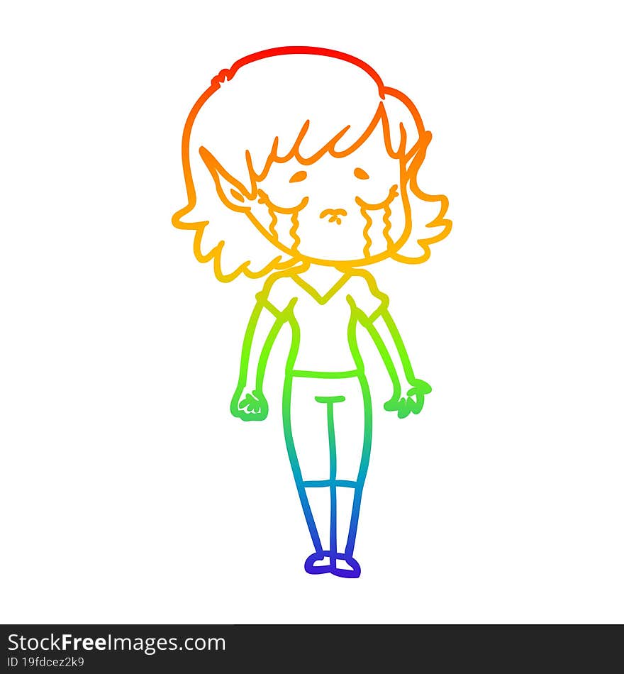 rainbow gradient line drawing crying cartoon elf girl