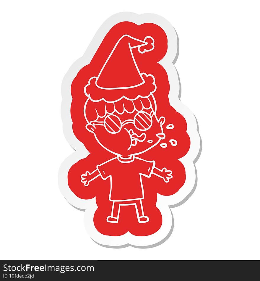 Cartoon  Sticker Of A Boy Wearing Spectacles Wearing Santa Hat