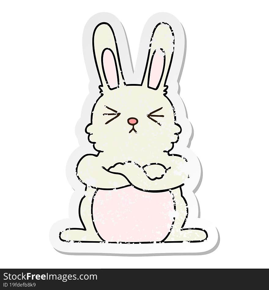 distressed sticker of a quirky hand drawn cartoon rabbit