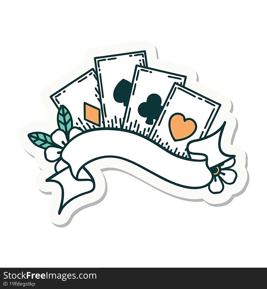 tattoo style sticker of cards and banner