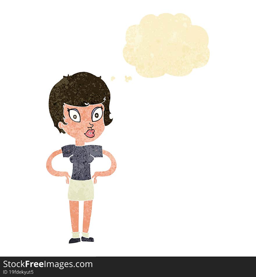 cartoon woman with hands on hips with thought bubble