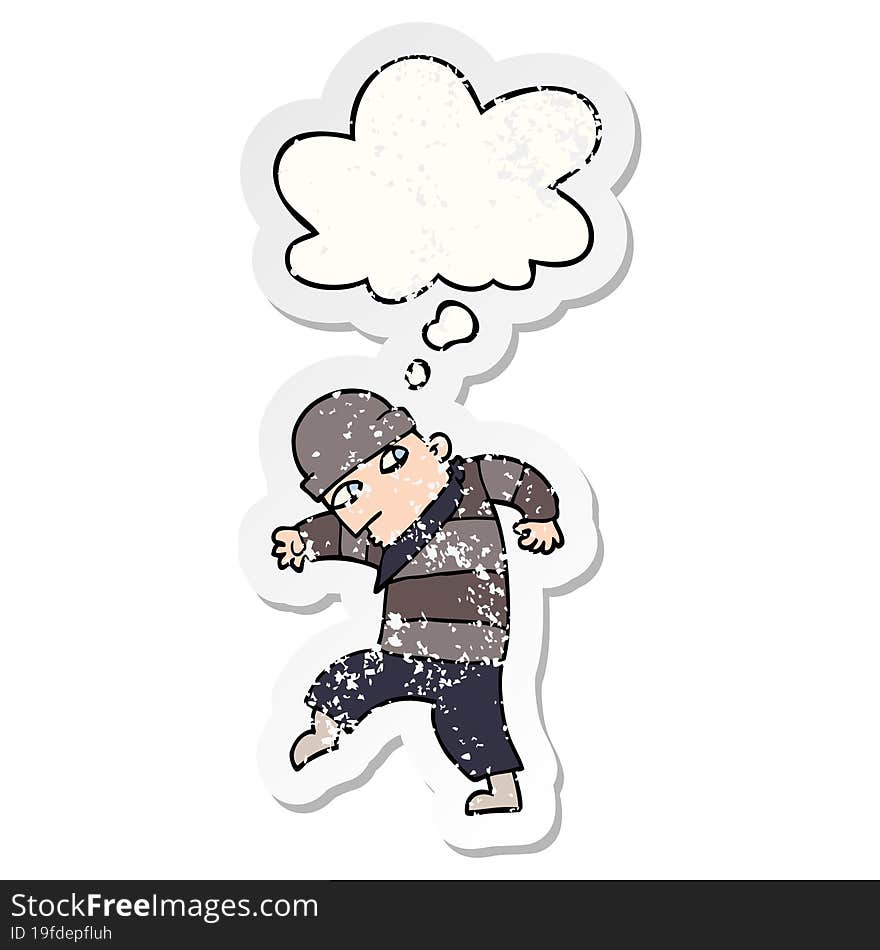 Cartoon Sneaking Thief And Thought Bubble As A Distressed Worn Sticker