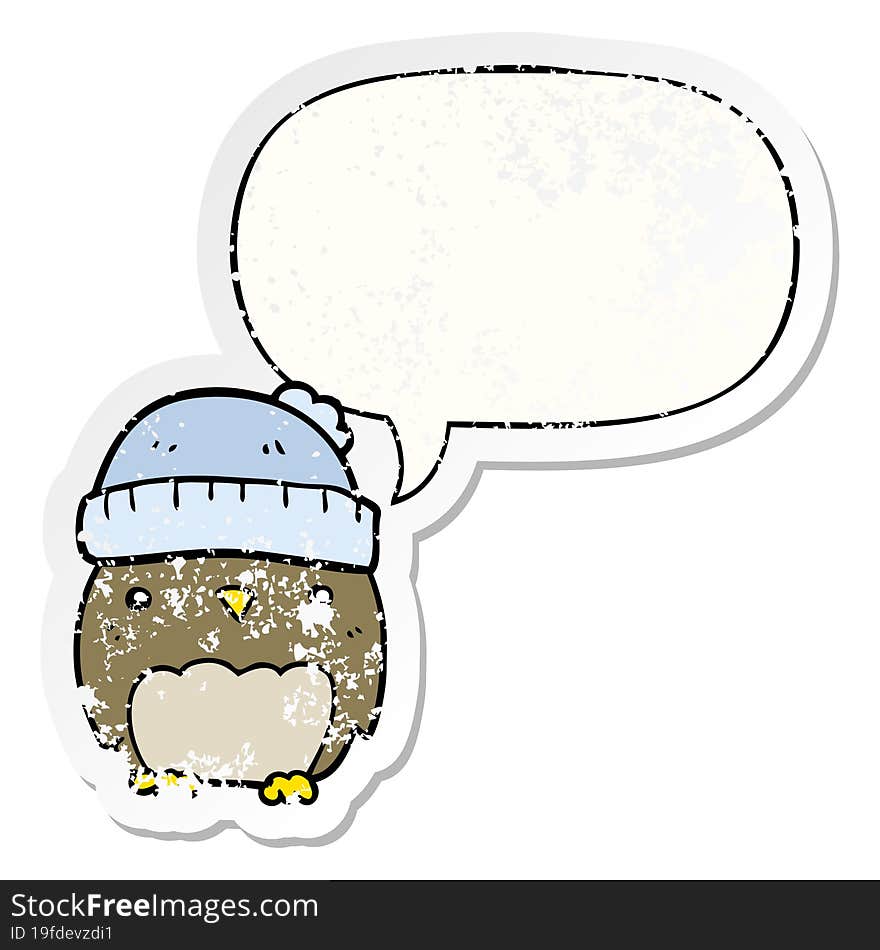 cute cartoon owl in hat and speech bubble distressed sticker