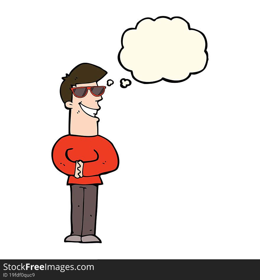 cartoon grinning man wearing sunglasses with thought bubble