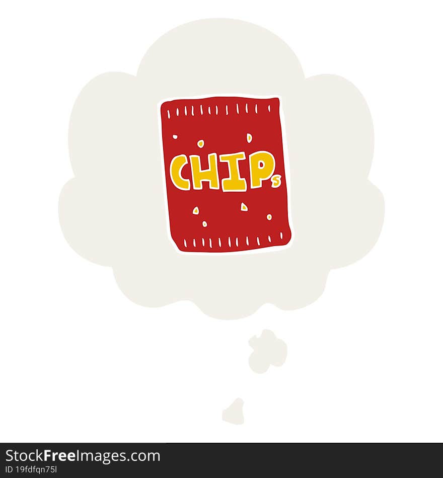 cartoon packet of chips and thought bubble in retro style