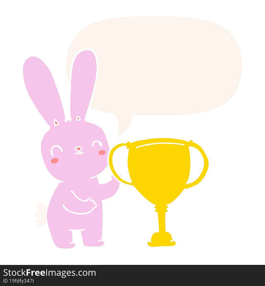 cute cartoon rabbit with sports trophy cup with speech bubble in retro style. cute cartoon rabbit with sports trophy cup with speech bubble in retro style