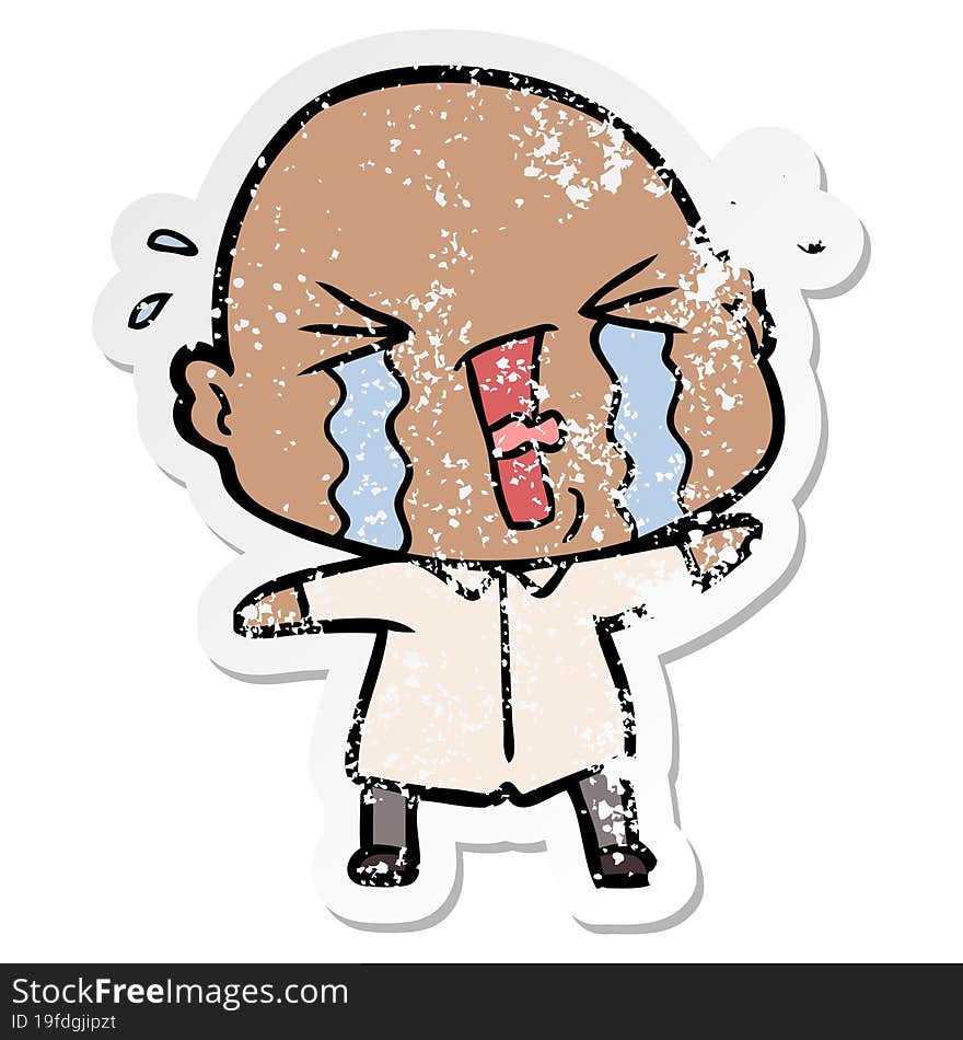 distressed sticker of a cartoon crying bald man