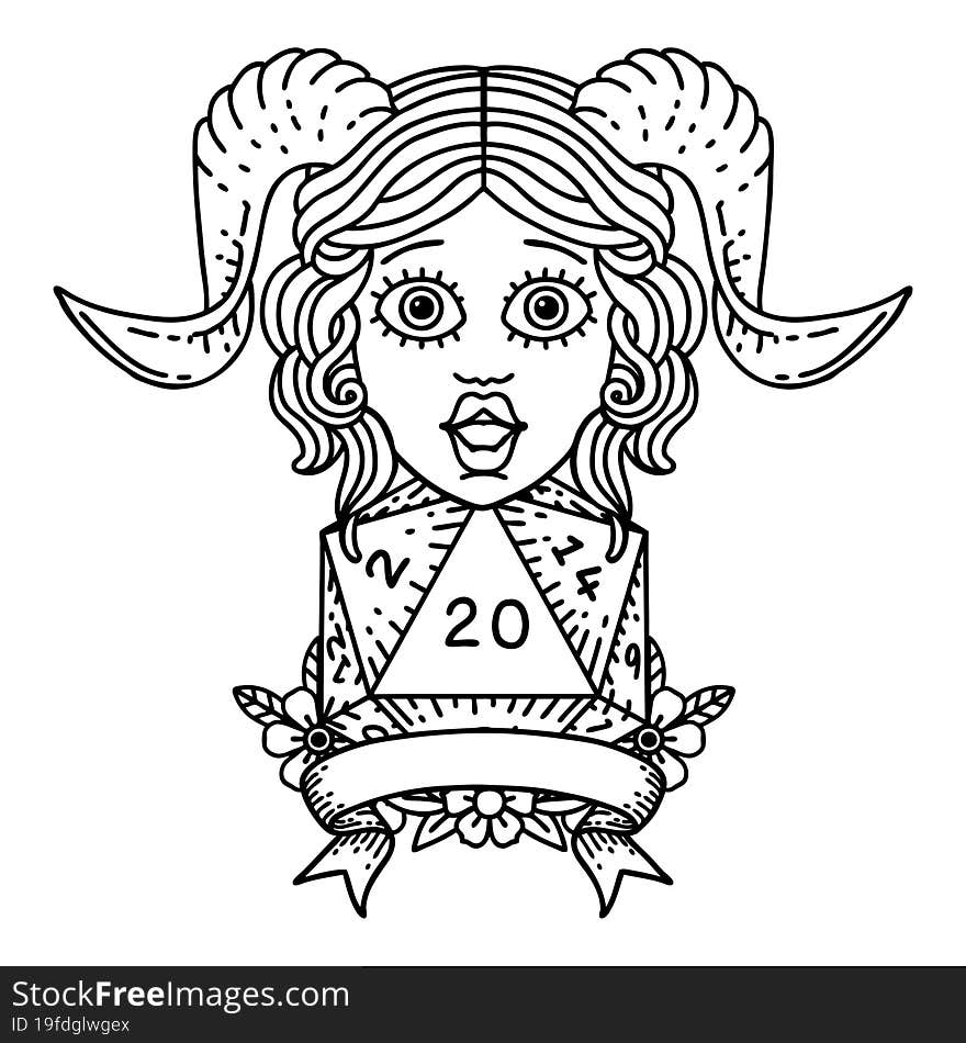 Black and White Tattoo linework Style tiefling with natural twenty dice roll. Black and White Tattoo linework Style tiefling with natural twenty dice roll