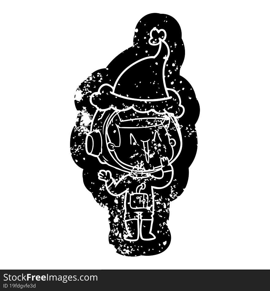 laughing cartoon distressed icon of a astronaut wearing santa hat