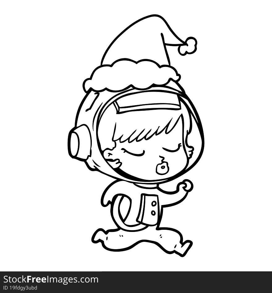 line drawing of a pretty astronaut girl running wearing santa hat