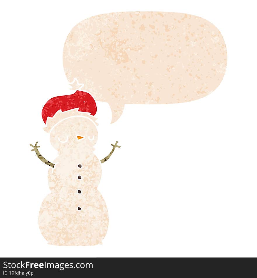 Cartoon Snowman And Speech Bubble In Retro Textured Style