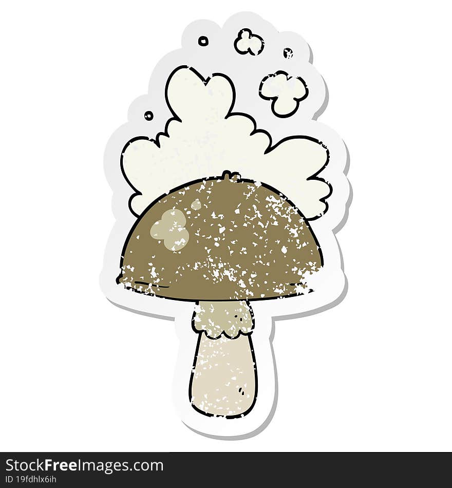 distressed sticker of a cartoon mushroom with spore cloud