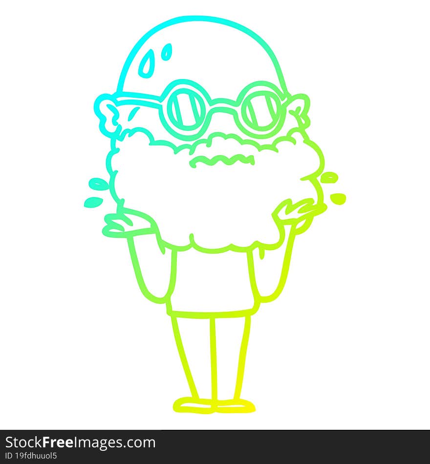 cold gradient line drawing of a cartoon worried man with beard and sunglasses