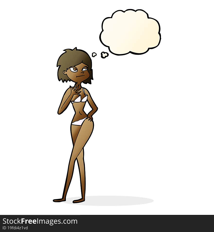 cartoon woman in bikini with thought bubble