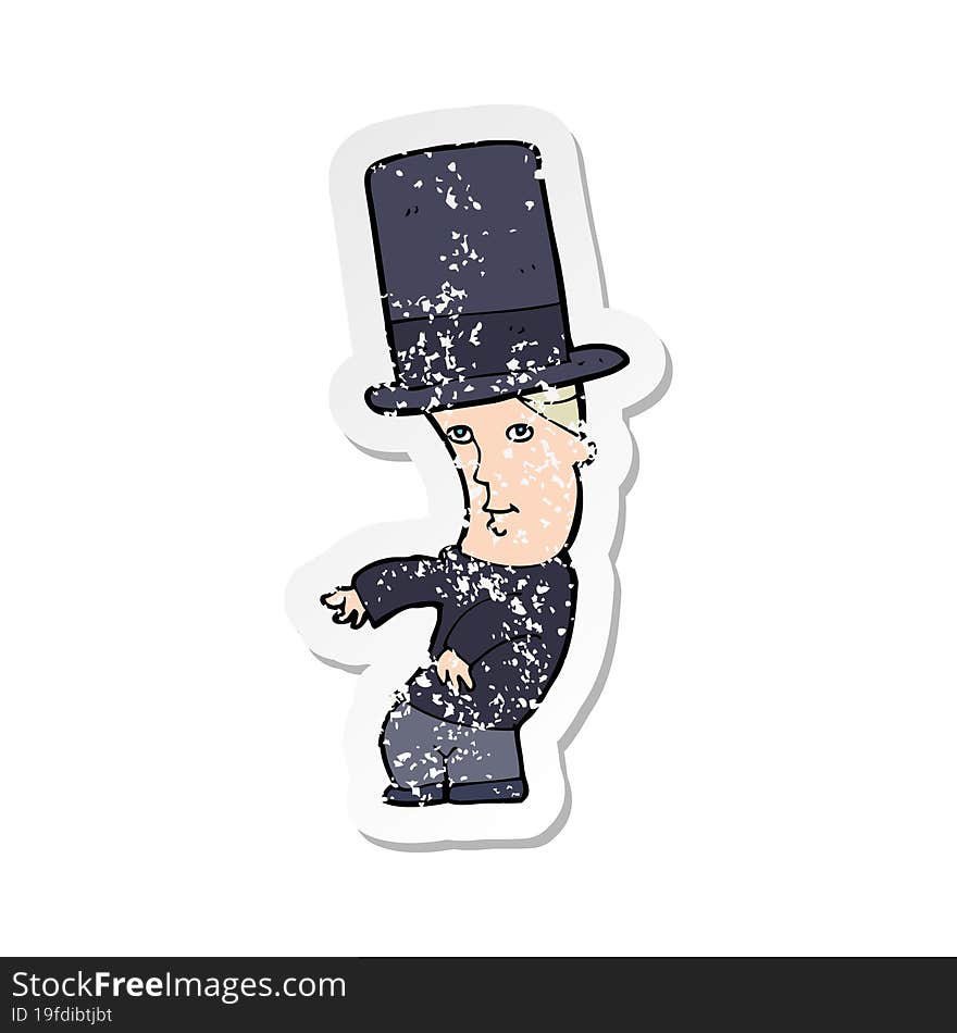 retro distressed sticker of a cartoon man wearing top hat