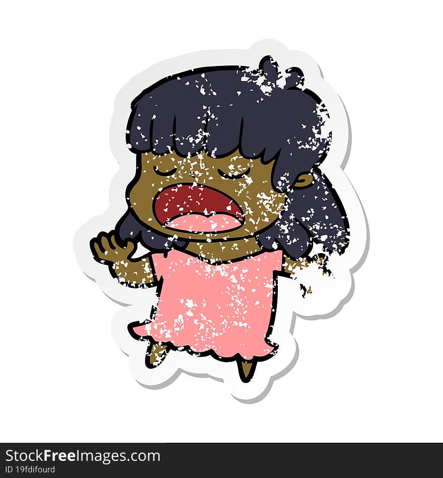 distressed sticker of a cartoon woman talking loudly