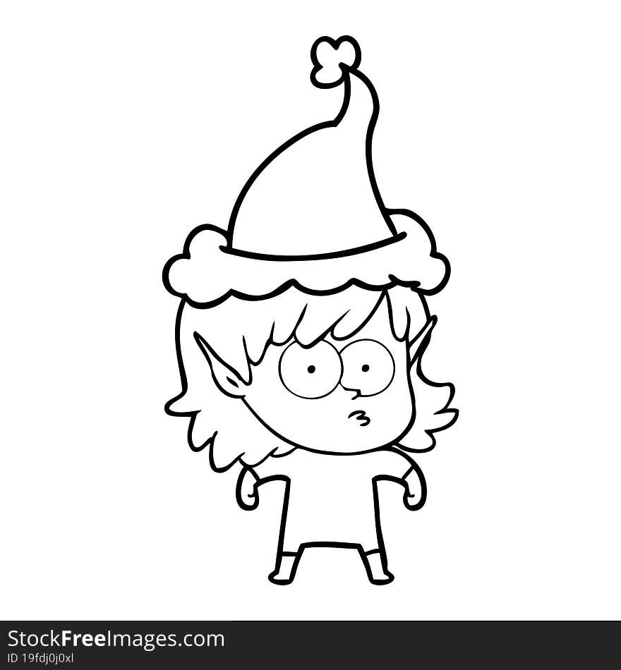 line drawing of a elf girl staring wearing santa hat