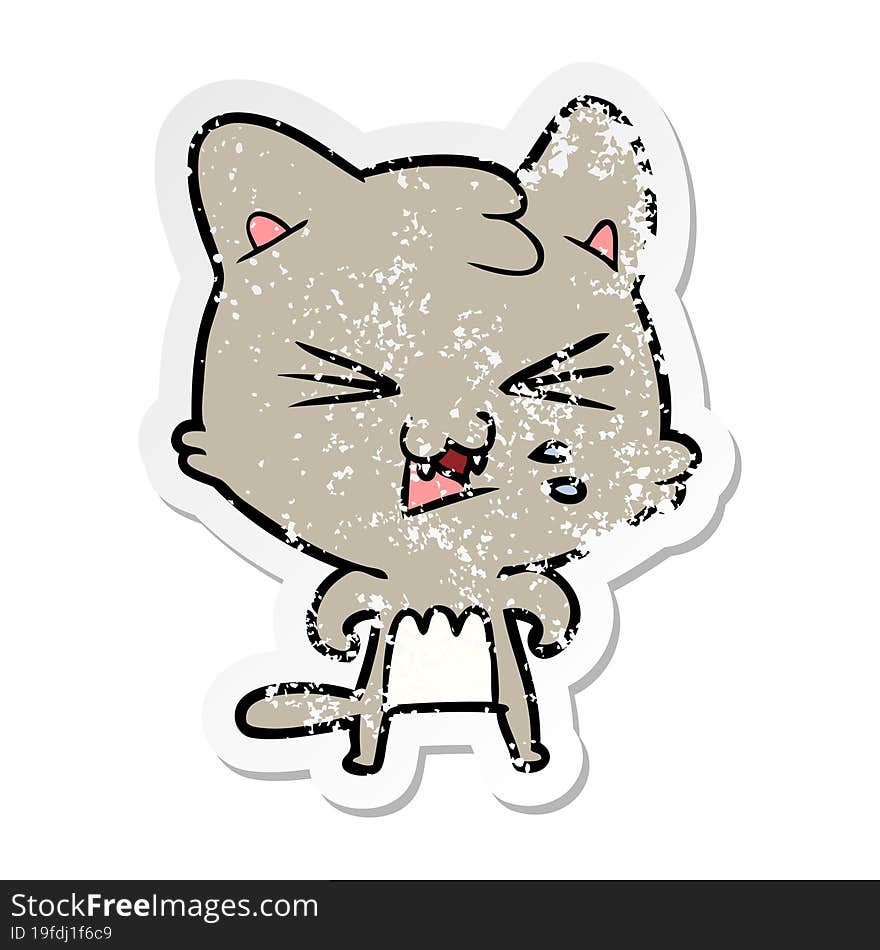 distressed sticker of a cartoon hissing cat