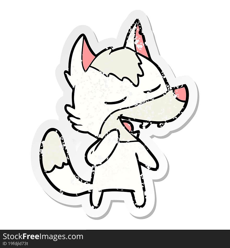 distressed sticker of a cartoon wolf laughing