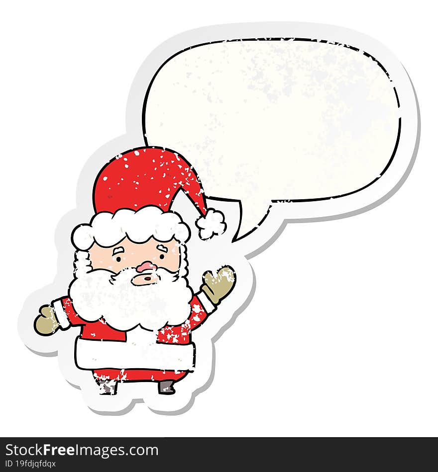 cartoon santa claus waving and speech bubble distressed sticker