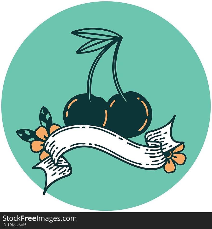 tattoo style icon with banner of cherries