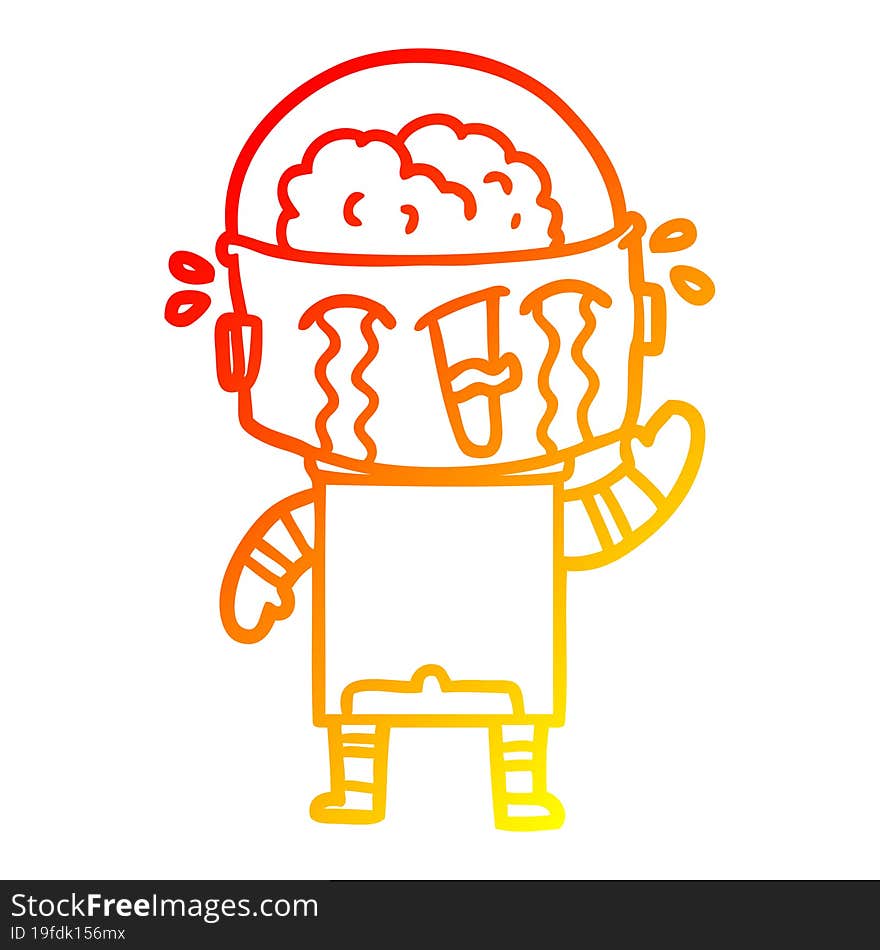 warm gradient line drawing cartoon crying robot waving