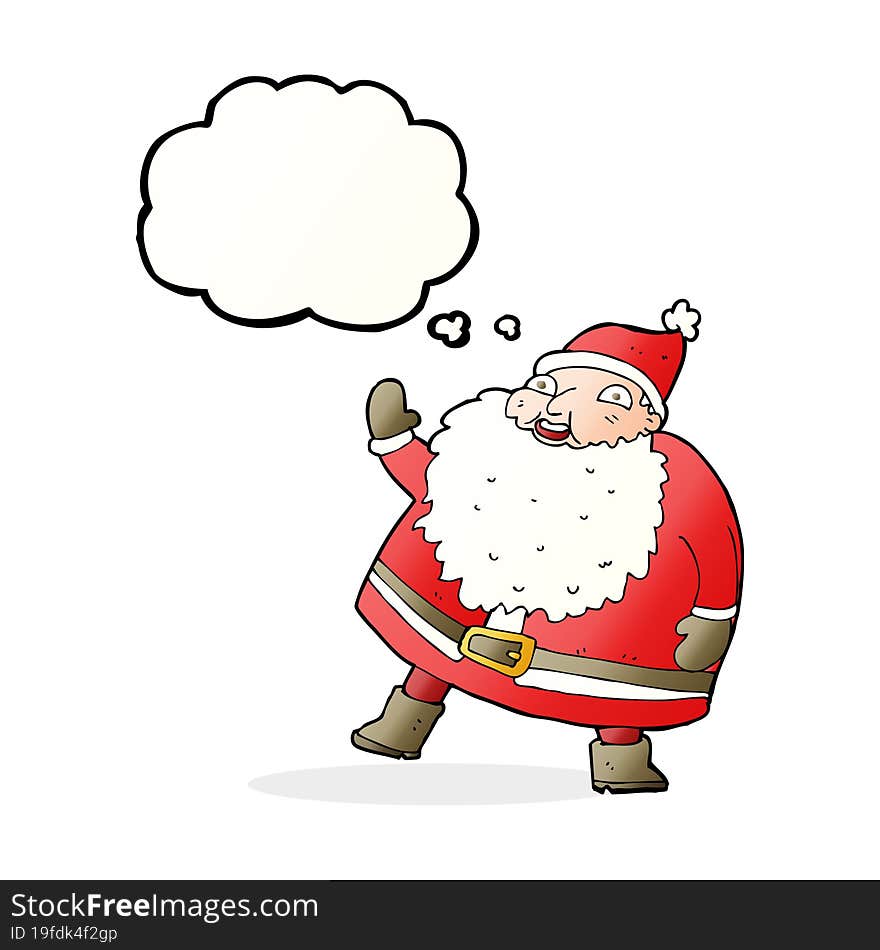 funny waving santa claus cartoon with thought bubble