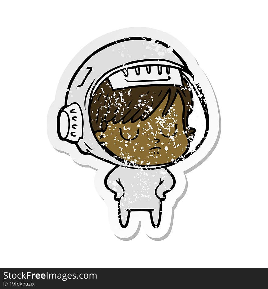 distressed sticker of a cartoon astronaut woman