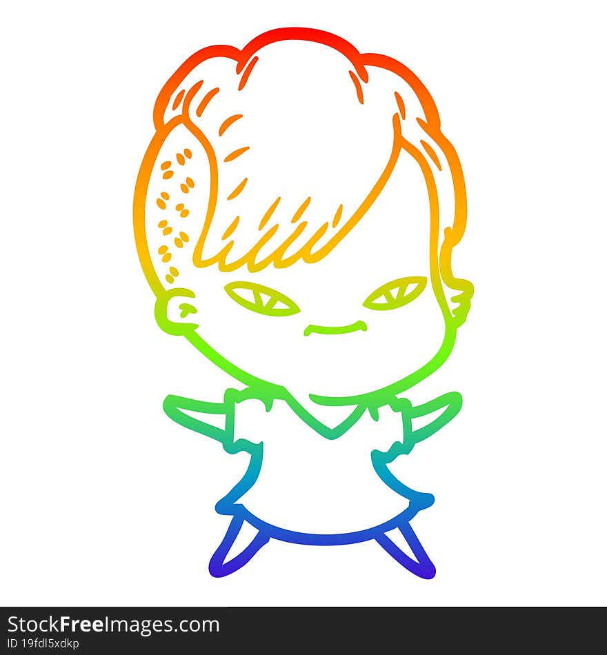 Rainbow Gradient Line Drawing Cute Cartoon Girl With Hipster Haircut