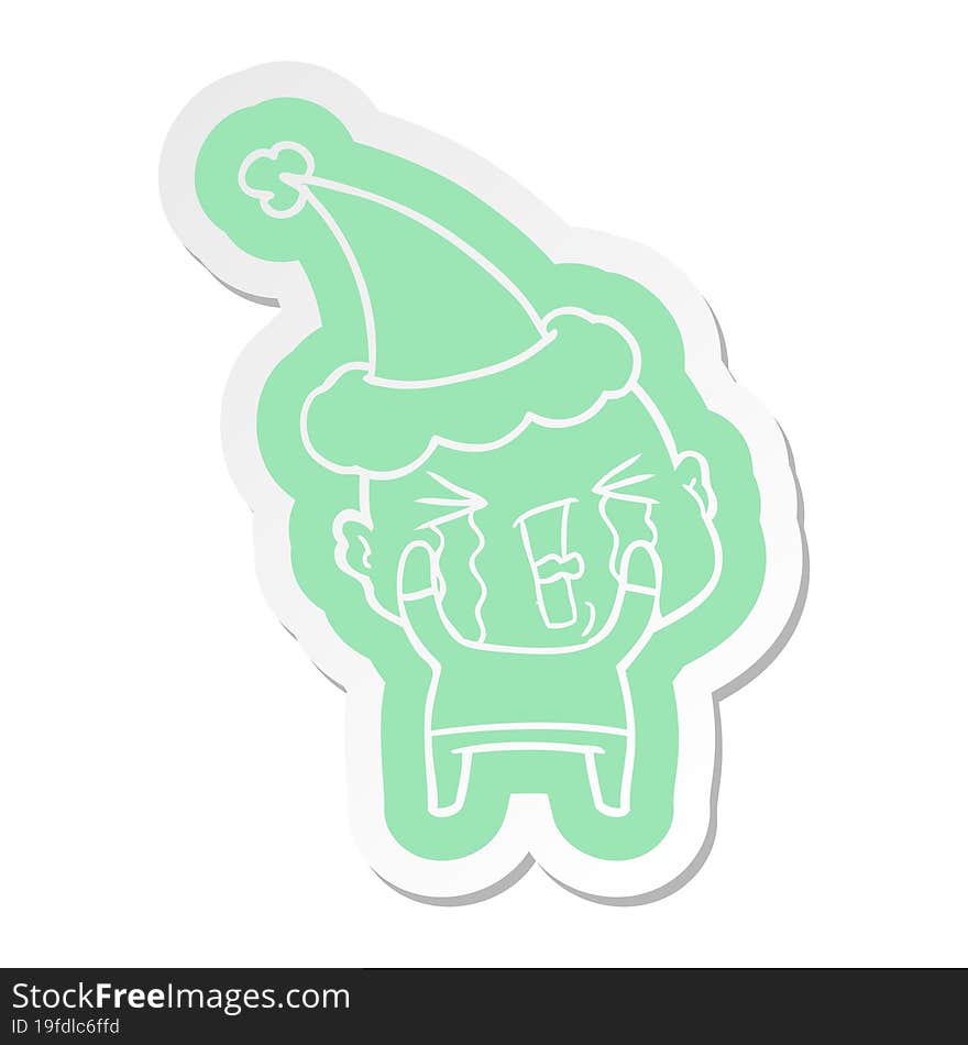 cartoon  sticker of a crying bald man wearing santa hat