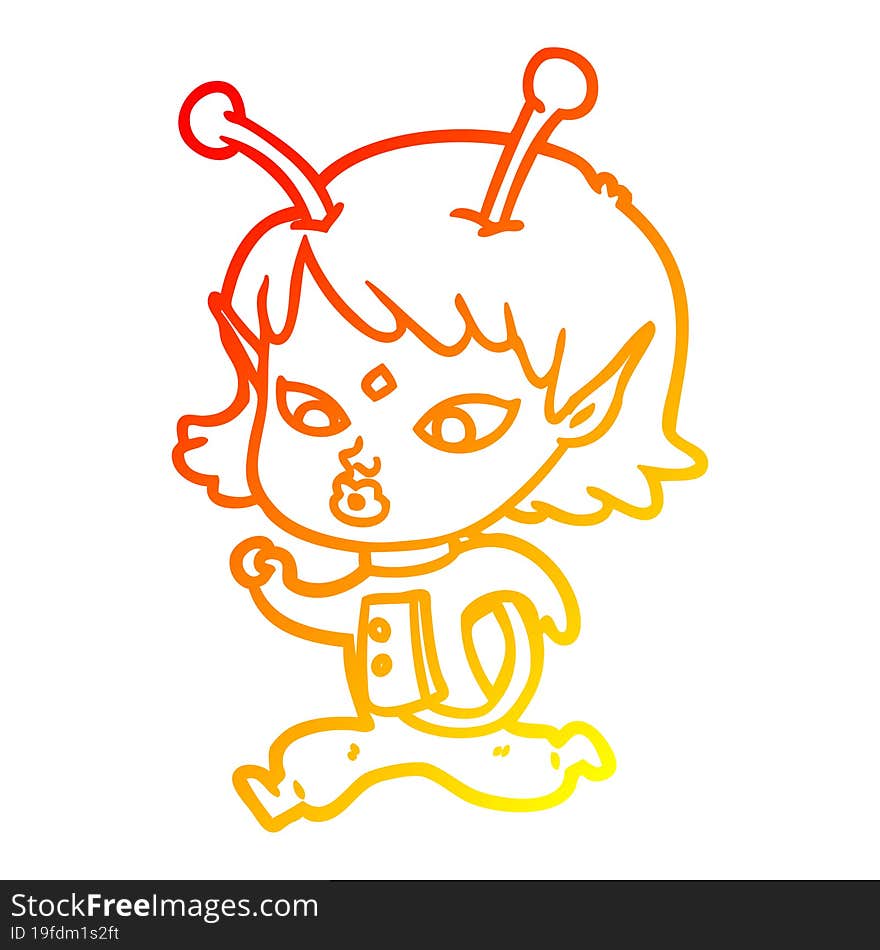 Warm Gradient Line Drawing Pretty Cartoon Alien Girl Running