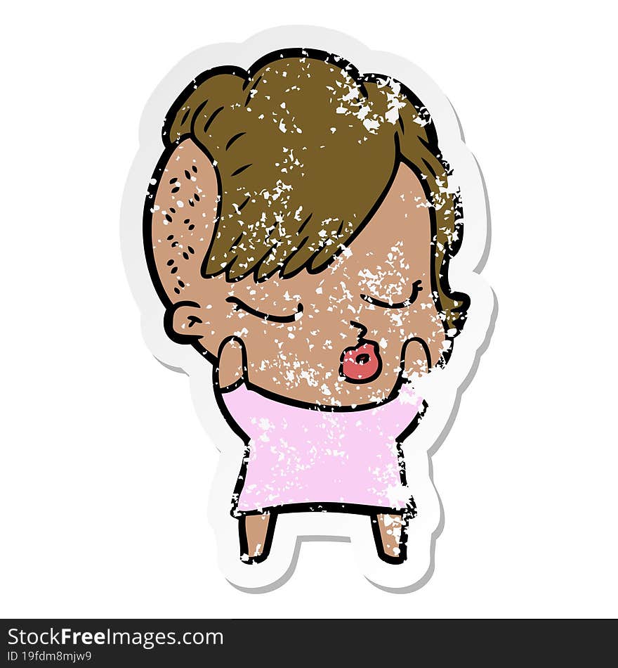 distressed sticker of a cartoon pretty hipster girl