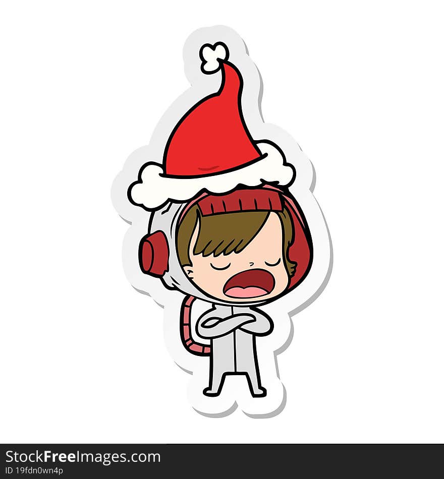 Sticker Cartoon Of A Astronaut Woman Explaining Wearing Santa Hat