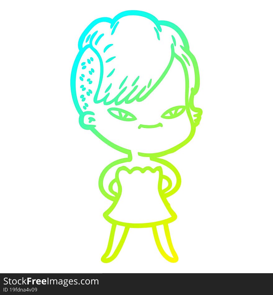 cold gradient line drawing cute cartoon girl with hipster haircut